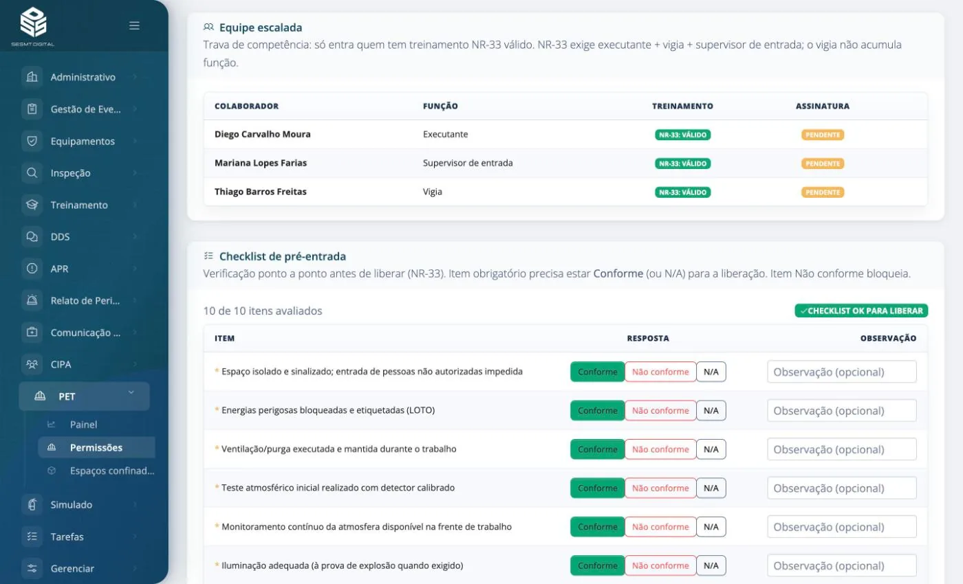Permissão de entrada em espaço confinado no SESMT Digital, com a equipe escalada validada pelo treinamento NR-33 e o checklist de pré-entrada liberado